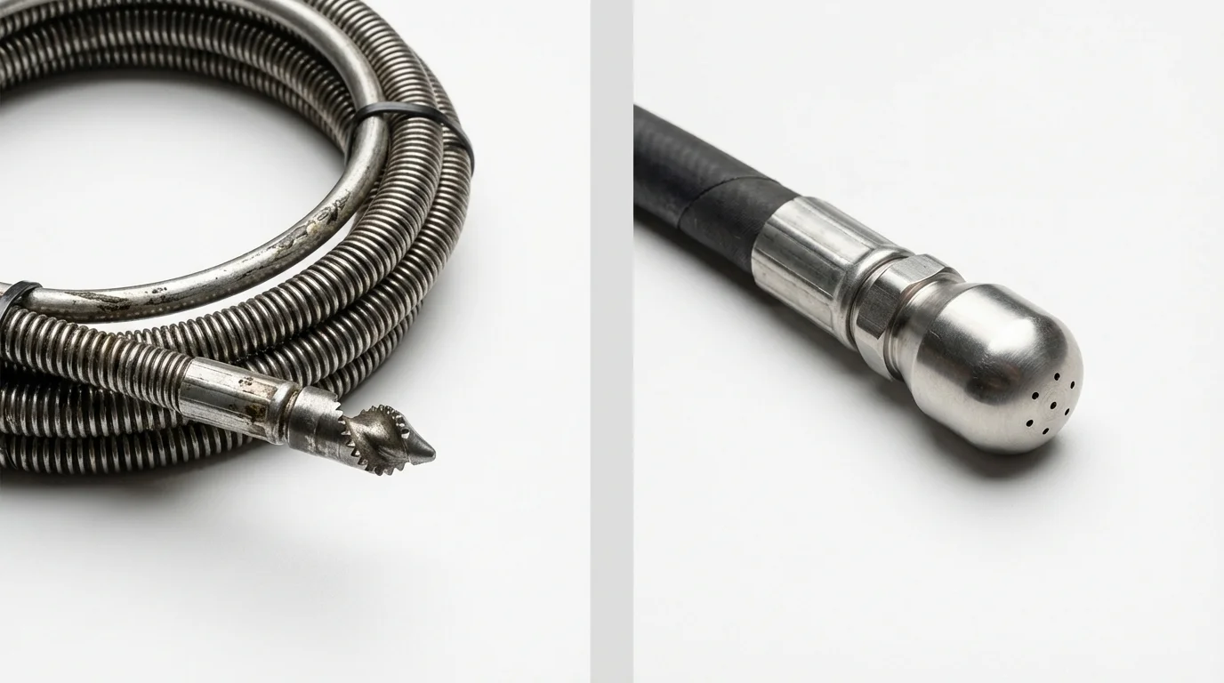 Drain snake cable and hydro jetting nozzle used for drain cleaning in Greenwood, IN