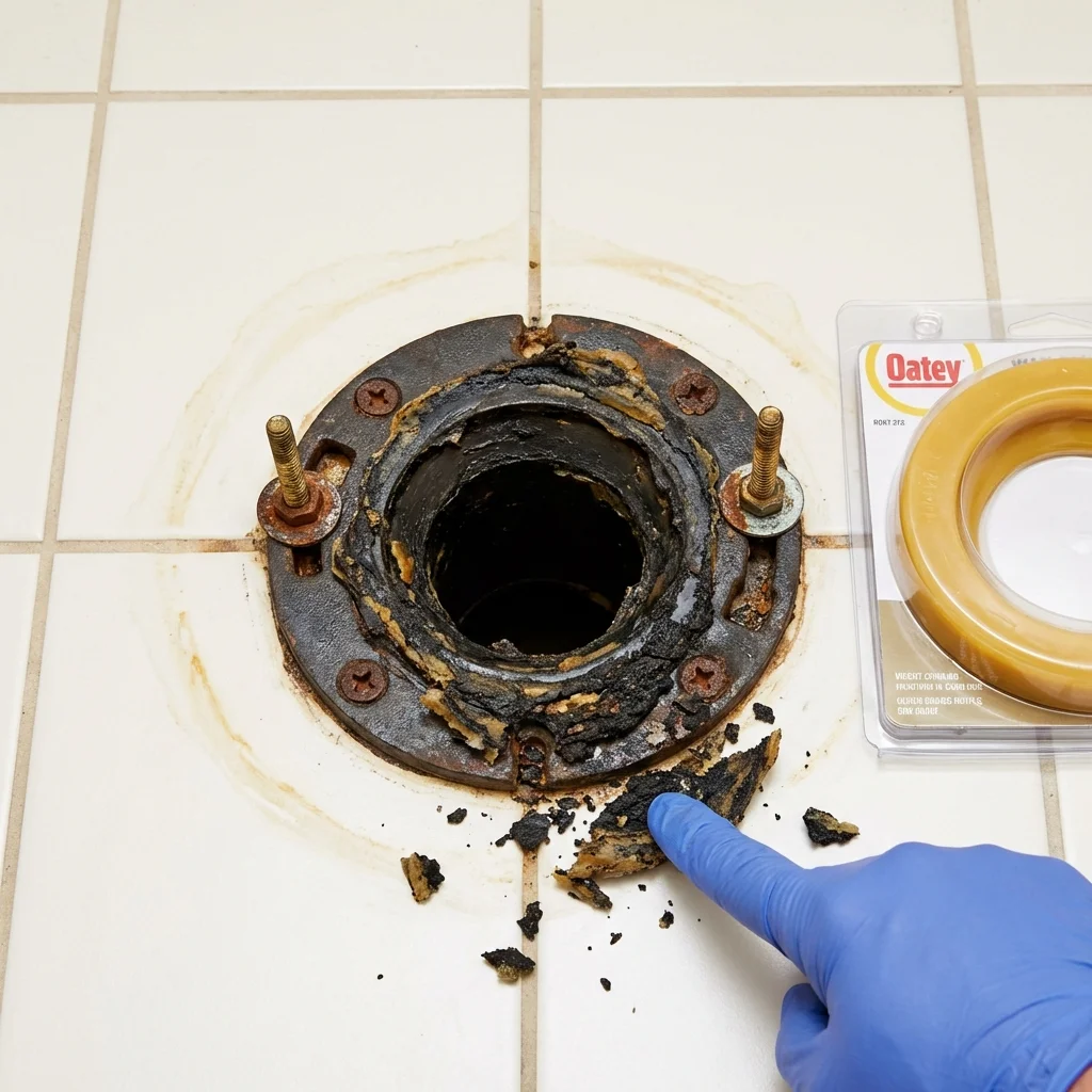 Failed wax ring showing water seepage at the base of a toilet in a Greenwood, IN home