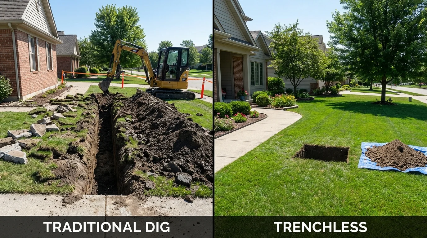 Trenchless sewer repair with minimal yard damage versus traditional excavation in Greenwood, IN