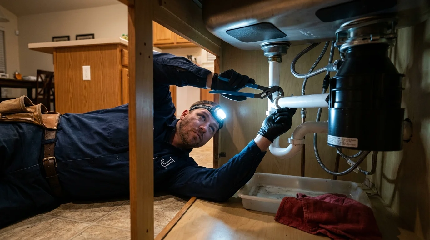 P-trap and supply line connections under a kitchen sink showing a common leak point in Greenwood, IN